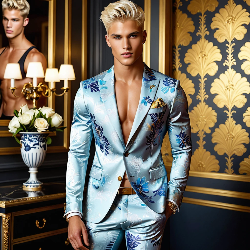 Candid Vogue fashion editorial shot of 2man mixed of male supermodel, 22 year old, short platinum blonde hair, masculine appearance with slender physique, symmetric face, natural olive skin tone, exudes youthfulness and athleticism, he is very photogenic, Position against an ornate dark background featuring a framed floral painting wallpaper to add depth and richness to the scene, (He wears a luxurious white and rainbow patterned suit whit short pants), semi hard bulge, expression is serene and slightly introspective, with a soft confident gaze directed slightly off-camera, Utilize natural soft lighting streaming in from a window, casting gentle highlights and shadows that accentuate the contours of his face and the texture of his outfits, The light creates a warm intimate atmosphere with a golden tone that enhances his skin, The interplay of light and shadow adds depth and dimension to the scene, slightly blurred focus background, bringing into sharp clear detail while the rich tones of the background enhance the overall opulence of the image. Capture full-body short, dynamic angle, using a Canon EOS R7 and Sigma AF 85mm F1.4 EX DG HSM lens by Thomas Synnamon, Employ a shallow depth of field to focus on his face and body, Draw inspiration from high-fashion photographer, emphasize detail, texture and a sophisticated luxurious atmosphere, Emphasize the golden warm lighting and its effect on enhancing his features and the rich textures, creating a visually captivating and elegant portrait that exudes warmth and sophistication, The overall mood blend the classical elegance of the modern, high-fashion aesthetic, producing an image that feels both timeless and contemporary, raw photo, masterpiece, best quality, Correct body structure, Correct photo distance, LGBTQ,