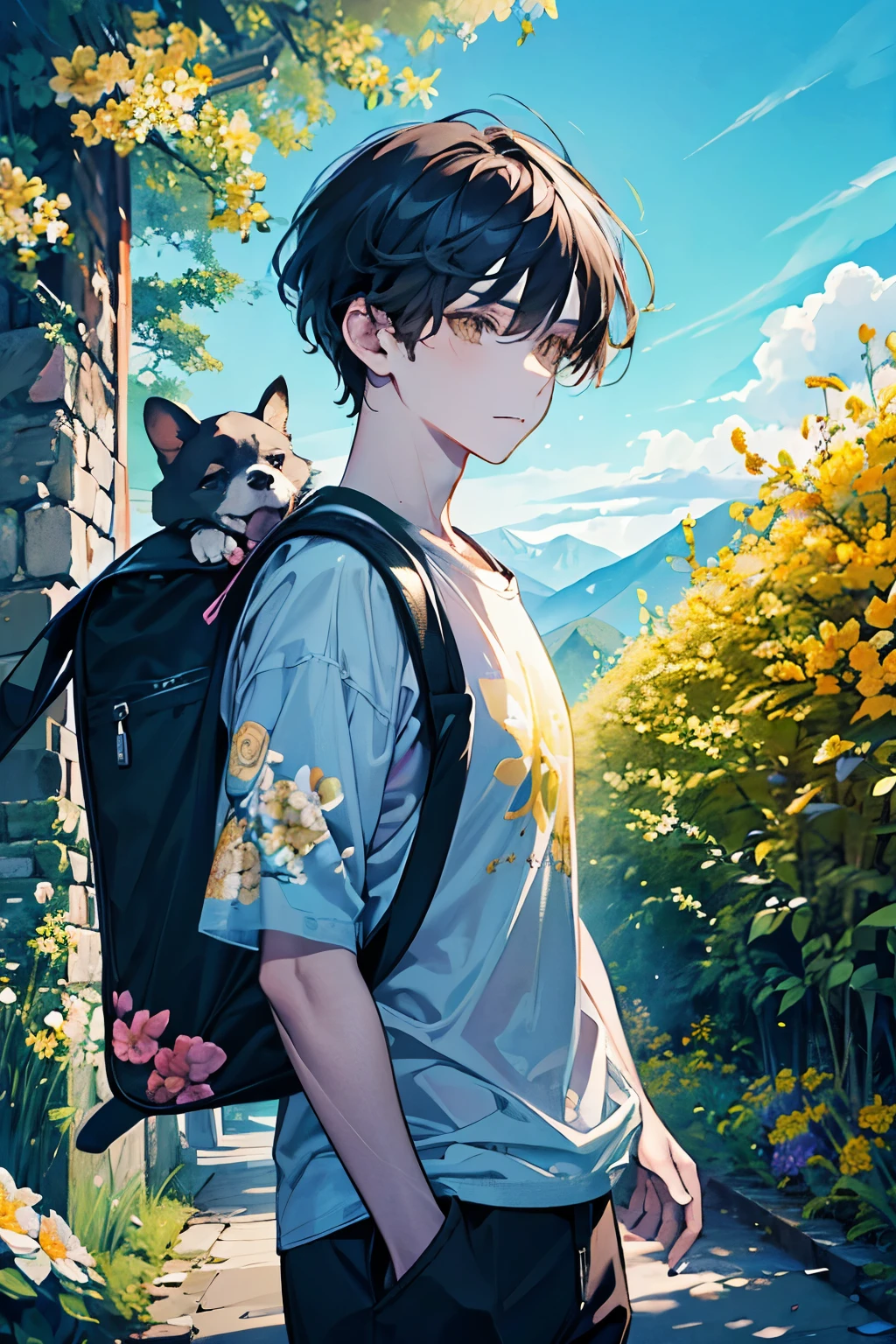 ((young men's:1.1)),(Oversized floral T-shirt:1.35),Prompt: An incredibly charming  carrying a backpack, accompanied by her adorable puppy, enjoying a lovely spring outing surrounded by beautiful yellow flowers and natural scenery. The illustration is in high definition at 4k resolution, with highly-detailed facial features and cartoon-style visuals.