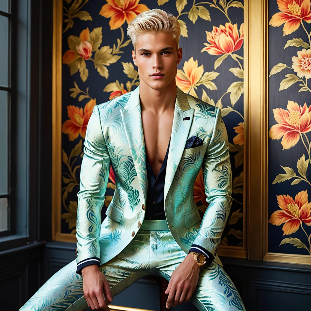 Candid Vogue fashion editorial shot of 2man mixed of male supermodel, 22 year old, short platinum blonde hair, masculine appearance with slender physique, symmetric face, natural olive skin tone, exudes youthfulness and athleticism, he is very photogenic, Position against an ornate dark background featuring a framed floral painting wallpaper to add depth and richness to the scene, (He wears a luxurious white and rainbow patterned suit whit short pants), semi hard bulge, expression is serene and slightly introspective, with a soft confident gaze directed slightly off-camera, Utilize natural soft lighting streaming in from a window, casting gentle highlights and shadows that accentuate the contours of his face and the texture of his outfits, The light creates a warm intimate atmosphere with a golden tone that enhances his skin, The interplay of light and shadow adds depth and dimension to the scene, slightly blurred focus background, bringing into sharp clear detail while the rich tones of the background enhance the overall opulence of the image. Capture full-body short, dynamic angle, using a Canon EOS R7 and Sigma AF 85mm F1.4 EX DG HSM lens by Thomas Synnamon, Employ a shallow depth of field to focus on his face and body, Draw inspiration from high-fashion photographer, emphasize detail, texture and a sophisticated luxurious atmosphere, Emphasize the golden warm lighting and its effect on enhancing his features and the rich textures, creating a visually captivating and elegant portrait that exudes warmth and sophistication, The overall mood blend the classical elegance of the modern, high-fashion aesthetic, producing an image that feels both timeless and contemporary, raw photo, masterpiece, best quality, Correct body structure, Correct photo distance, LGBTQ,