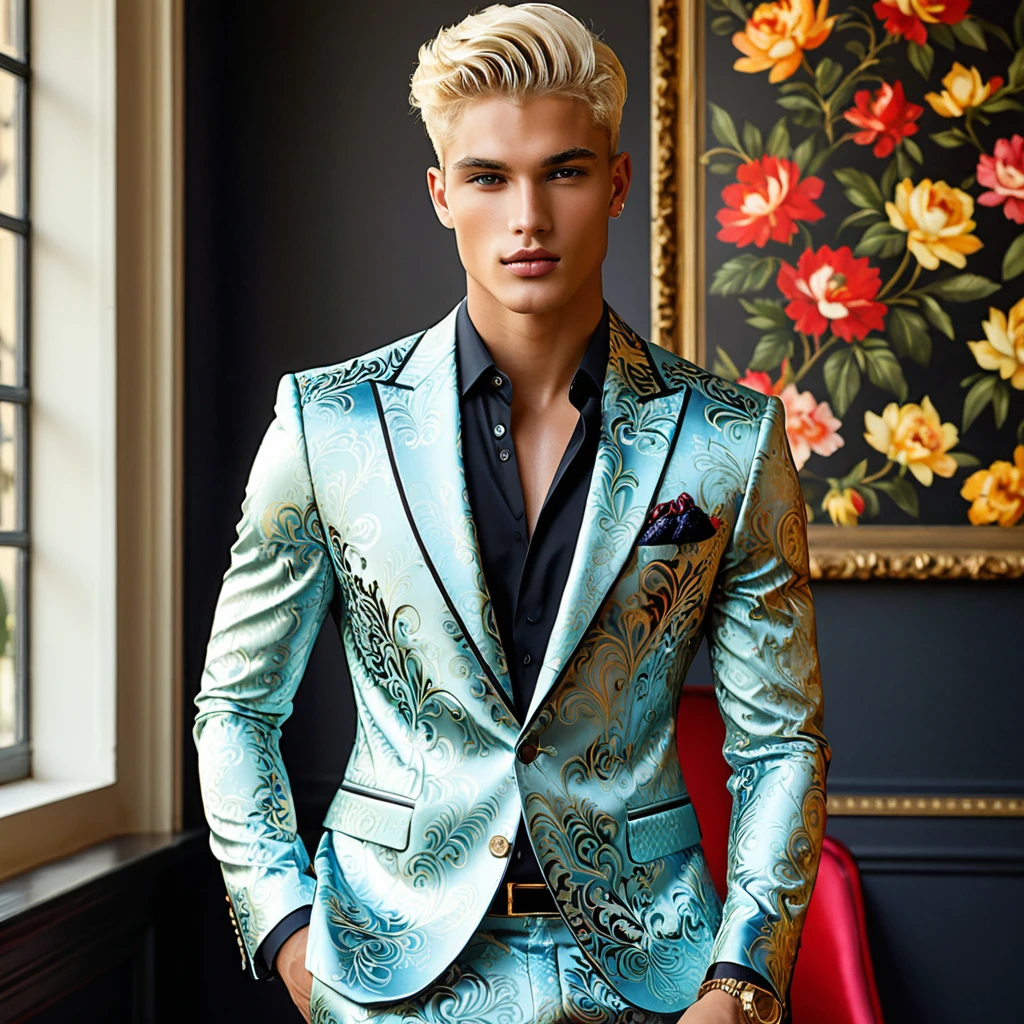 Candid Vogue fashion editorial shot of 2man mixed of male supermodel, 22 year old, short platinum blonde hair, masculine appearance with slender physique, symmetric face, natural olive skin tone, exudes youthfulness and athleticism, he is very photogenic, Position against an ornate dark background featuring a framed floral painting wallpaper to add depth and richness to the scene, (He wears a luxurious white and rainbow patterned suit whit short pants), semi hard bulge, expression is serene and slightly introspective, with a soft confident gaze directed slightly off-camera, Utilize natural soft lighting streaming in from a window, casting gentle highlights and shadows that accentuate the contours of his face and the texture of his outfits, The light creates a warm intimate atmosphere with a golden tone that enhances his skin, The interplay of light and shadow adds depth and dimension to the scene, slightly blurred focus background, bringing into sharp clear detail while the rich tones of the background enhance the overall opulence of the image. Capture full-body short, dynamic angle, using a Canon EOS R7 and Sigma AF 85mm F1.4 EX DG HSM lens by Thomas Synnamon, Employ a shallow depth of field to focus on his face and body, Draw inspiration from high-fashion photographer, emphasize detail, texture and a sophisticated luxurious atmosphere, Emphasize the golden warm lighting and its effect on enhancing his features and the rich textures, creating a visually captivating and elegant portrait that exudes warmth and sophistication, The overall mood blend the classical elegance of the modern, high-fashion aesthetic, producing an image that feels both timeless and contemporary, raw photo, masterpiece, best quality, Correct body structure, Correct photo distance, LGBTQ,