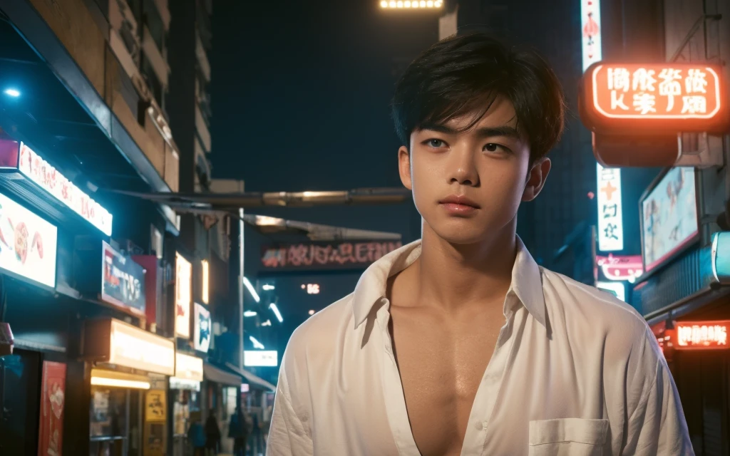 In the midst of a city at night, a young Chinese boy stands on a cobblestone street, illuminated by the soft glow of streetlights and neon signs. The sky above is a deep blue, dotted with twinkling stars, casting a serene and magical atmosphere over the scene.

His hair is straight and natural, with bangs softly brushed by a gentle breeze. His face is youthful and clean-shaven, exuding an innocent charm. He wears a simple white T-shirt that clings to his muscular frame, highlighting his well-defined pecs and strong muscles. He is dressed in shorts, which show off his athletic legs. His hands rest casually at his sides, conveying a relaxed and confident demeanor.

Behind him, the lively street is lined with shops and colorful neon lights that reflect on the wet pavement, adding a vibrant and dynamic feel to the night. People hustle and bustle, but he seems detached from the commotion. His gaze is soft and contemplative, fixed on the distant horizon, as if lost in thought. A faint smile plays on his lips, though his eyes reveal a hint of sadness and nostalgia.

The camera zooms in on his slightly parted lips, as if ready for a tender kiss. His tongue subtly traces his lips, showing a longing expression. The air is filled with a sweet aroma, making each breath taste of romance. His lips glisten slightly in the streetlight, appearing particularly inviting.
((depth of field)),((open and vast place)),telephoto lens,(((close-up))),(chest focus),(((perspective from below))),(simple background),(simple color),((blurry)),(horizon),
 1boy,cool guy,peaceful,((floating short hair)),((((bangs)))),(((soft clean hair))),(((silky skin))) ,((smooth skin)) ,clean body,(clean face),((smooth face)),(natural pretty face),((adam's apple)),((looking at you)),((solo)),(teenage),(wind),(chin up),(hopeful),
((skin tight open shirt)),(mini white shirt),see-through,
(narrow waist),slender waist,muscular,(broad shoulders),((huge wide chest)),(((huge plump chest)))