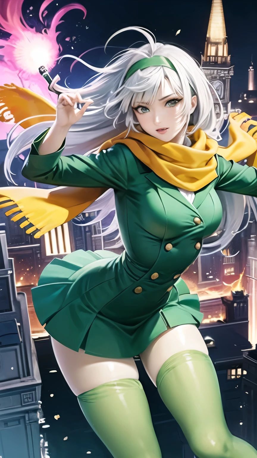 Wind-element woman, glittering glass, long straight silver hair, headband, parted hair, light blue-green dress, orange scarf, countless clock towers, jets of flames, long green tights, pale green light, anemone flowers scattered throughout, steel parts, dynamic movements, clear, hazy early morning