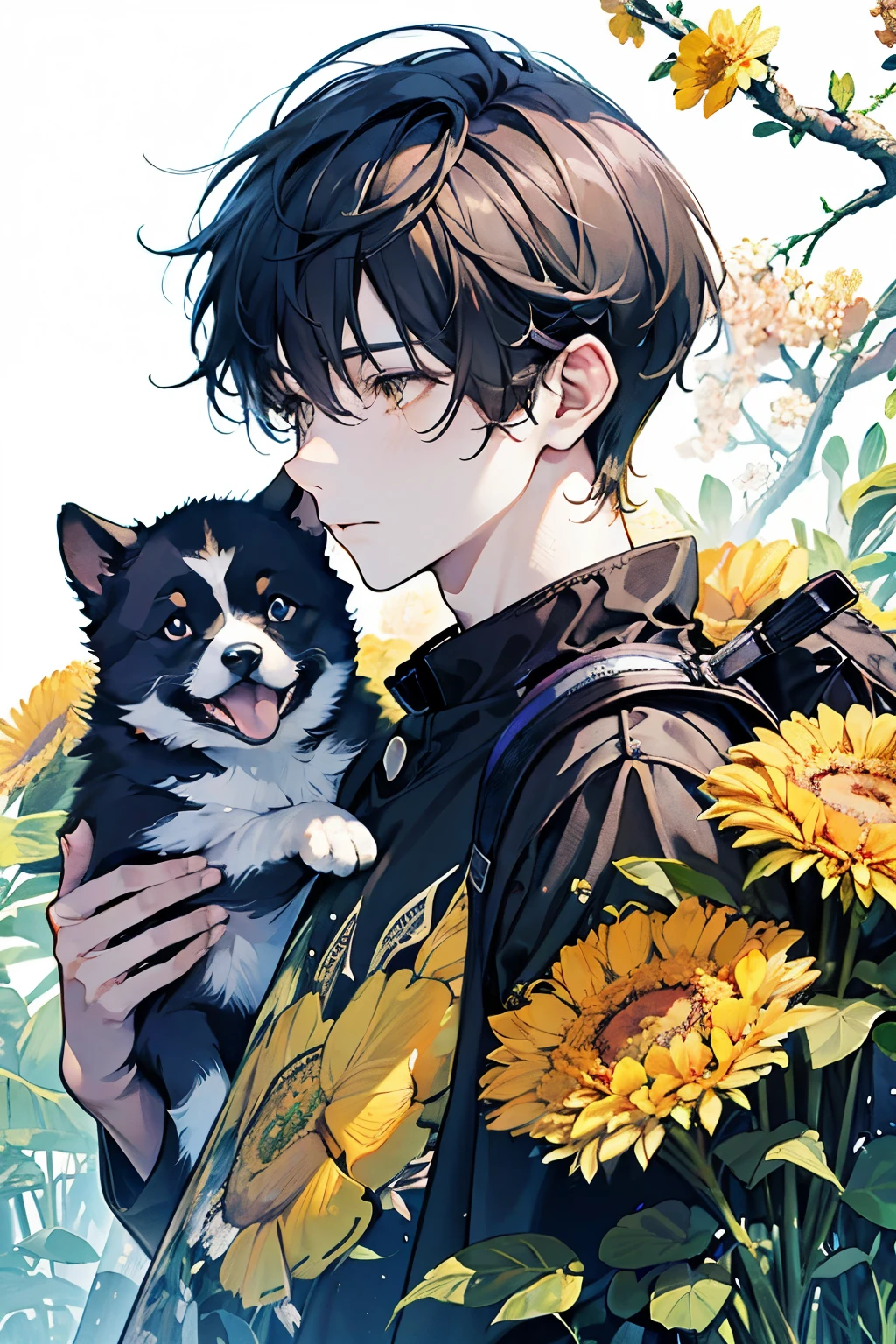 ((young men's:1.1)),(Oversized floral T-shirt:1.35),Prompt: An incredibly charming  carrying a backpack, accompanied by her adorable puppy, enjoying a lovely spring outing surrounded by beautiful yellow flowers and natural scenery. The illustration is in high definition at 4k resolution, with highly-detailed facial features and cartoon-style visuals.