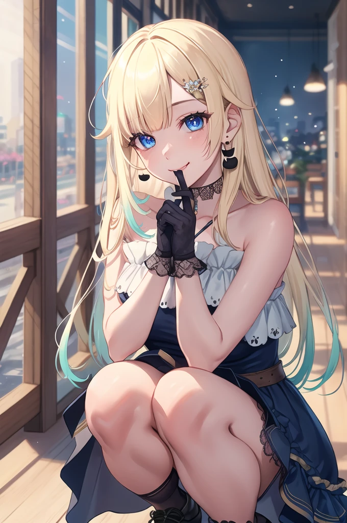 (masterpiece, Highest quality:1.2), alone, One girl, Aizawa Ema, smile, Mouth closed, View your viewers, squat, hair ornaments, dress, gloves, Black Choker, jewelry, Earrings