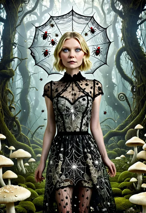 Kirsten Dunst spider-shaped lace dress, She looks with her enormous eyes directly at the mushrooms with an expression of astonis...