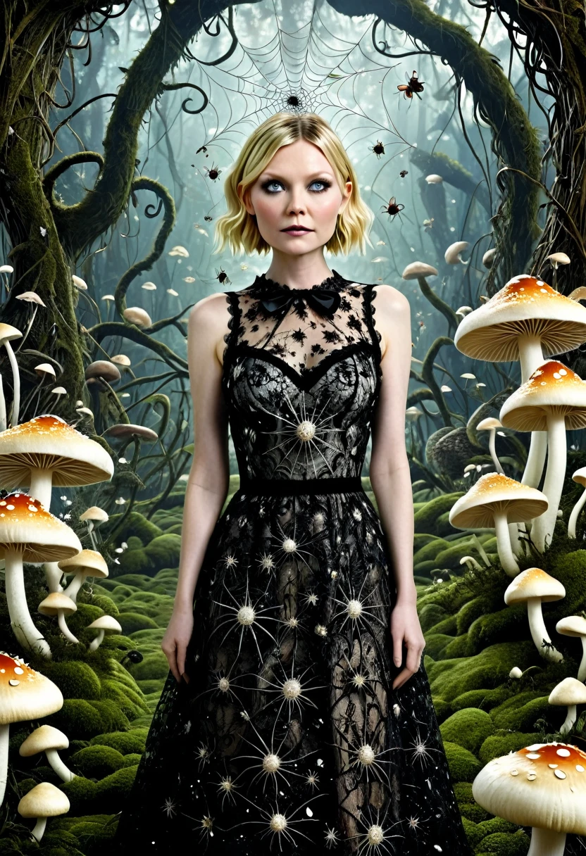 Kirsten Dunst spider-shaped lace dress, She looks with her enormous eyes directly at the mushrooms with an expression of astonishment as she sees herself surrounded by hundreds of crystal insects that have an impossible geometry.... All with the style of Tim Burton, in a kind of surreal dream. While drinking some tea.