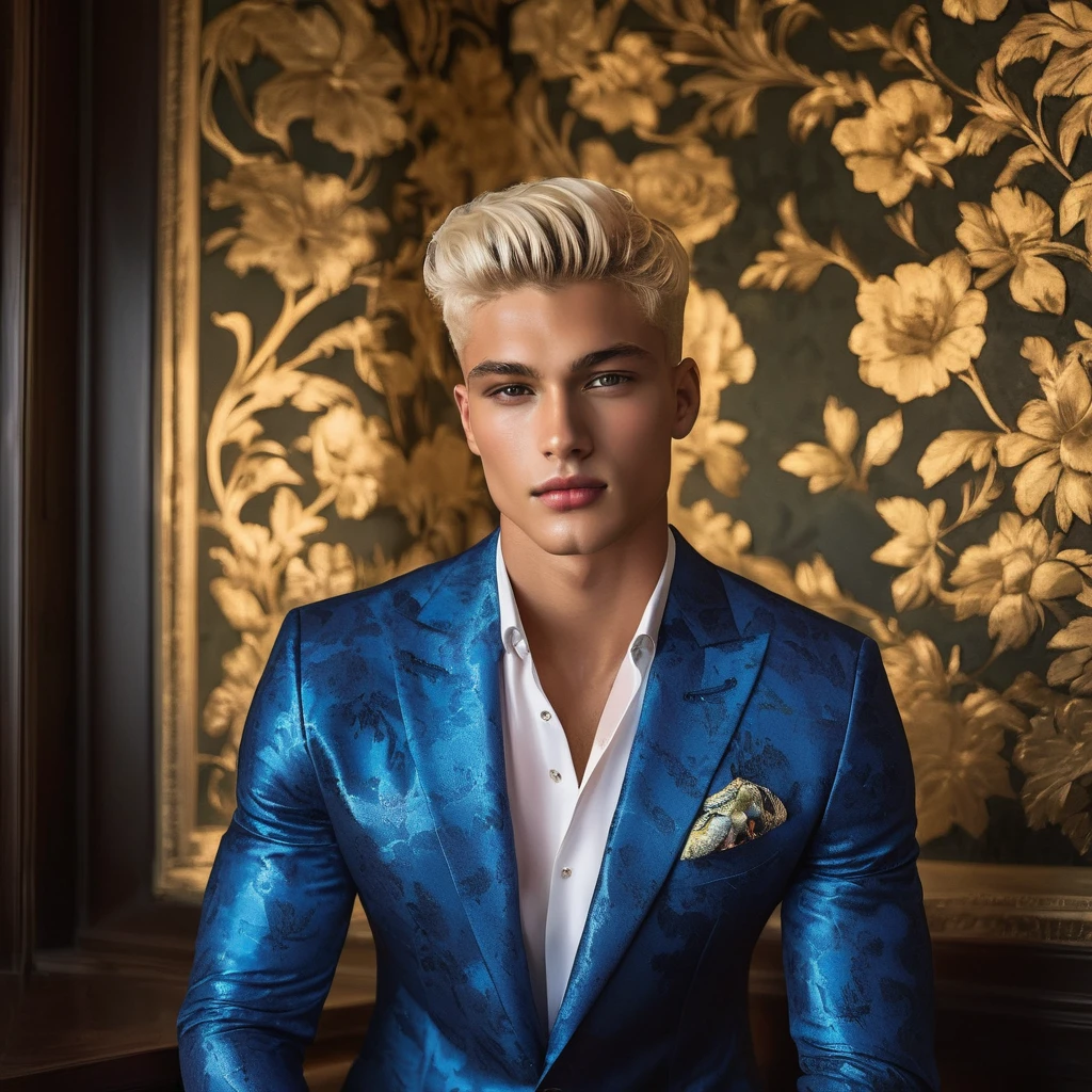 Candid Vogue fashion editorial shot of 2man mixed of male supermodel, 22 year old, short platinum blonde hair, masculine appearance with slender physique, symmetric face, natural olive skin tone, exudes youthfulness and athleticism, he is very photogenic, Position against an ornate dark background featuring a framed floral painting wallpaper to add depth and richness to the scene, (He wears a luxurious white and rainbow patterned suit whit short pants), semi hard bulge, expression is serene and slightly introspective, with a soft confident gaze directed slightly off-camera, Utilize natural soft lighting streaming in from a window, casting gentle highlights and shadows that accentuate the contours of his face and the texture of his outfits, The light creates a warm intimate atmosphere with a golden tone that enhances his skin, The interplay of light and shadow adds depth and dimension to the scene, slightly blurred focus background, bringing into sharp clear detail while the rich tones of the background enhance the overall opulence of the image. Capture full-body short, dynamic angle, using a Canon EOS R7 and Sigma AF 85mm F1.4 EX DG HSM lens by Thomas Synnamon, Employ a shallow depth of field to focus on his face and body, Draw inspiration from high-fashion photographer, emphasize detail, texture and a sophisticated luxurious atmosphere, Emphasize the golden warm lighting and its effect on enhancing his features and the rich textures, creating a visually captivating and elegant portrait that exudes warmth and sophistication, The overall mood blend the classical elegance of the modern, high-fashion aesthetic, producing an image that feels both timeless and contemporary, raw photo, masterpiece, best quality, Correct body structure, Correct photo distance, LGBTQ,