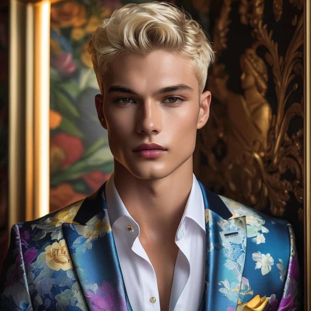 Candid Vogue fashion editorial shot of 2man mixed of male supermodel, 2, short platinum blonde hair, masculine appearance with slender physique, symmetric face, natural olive skin tone, exudes youthfulness and athleticism, he is very photogenic, Position against an ornate dark background featuring a framed floral painting wallpaper to add depth and richness to the scene, (He wears a luxurious white and rainbow patterned suit whit short pants), semi hard bulge, expression is serene and slightly introspective, with a soft confident gaze directed slightly off-camera, Utilize natural soft lighting streaming in from a window, casting gentle highlights and shadows that accentuate the contours of his face and the texture of his outfits, The light creates a warm intimate atmosphere with a golden tone that enhances his skin, The interplay of light and shadow adds depth and dimension to the scene, slightly blurred focus background, bringing into sharp clear detail while the rich tones of the background enhance the overall opulence of the image. Capture full-body short, dynamic angle, using a Canon EOS R7 and Sigma AF 85mm F1.4 EX DG HSM lens by Thomas Synnamon, Employ a shallow depth of field to focus on his face and body, Draw inspiration from high-fashion photographer, emphasize detail, texture and a sophisticated luxurious atmosphere, Emphasize the golden warm lighting and its effect on enhancing his features and the rich textures, creating a visually captivating and elegant portrait that exudes warmth and sophistication, The overall mood blend the classical elegance of the modern, high-fashion aesthetic, producing an image that feels both timeless and contemporary, raw photo, masterpiece, best quality, Correct body structure, Correct photo distance, LGBTQ,