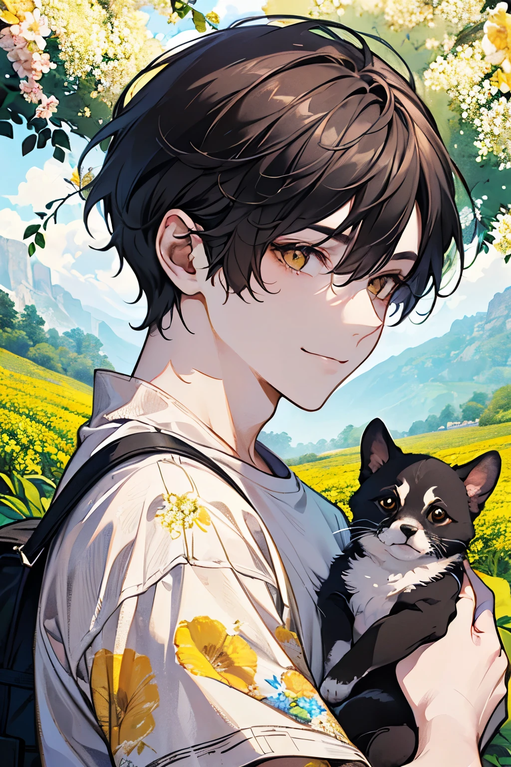 ((young men's:1.1)),(Oversized floral T-shirt:1.35),Prompt: An incredibly charming  carrying a backpack, accompanied by her adorable puppy, enjoying a lovely spring outing surrounded by beautiful yellow flowers and natural scenery. The illustration is in high definition at 4k resolution, with highly-detailed facial features and cartoon-style visuals,smile,(Gazing at each other:1.1).