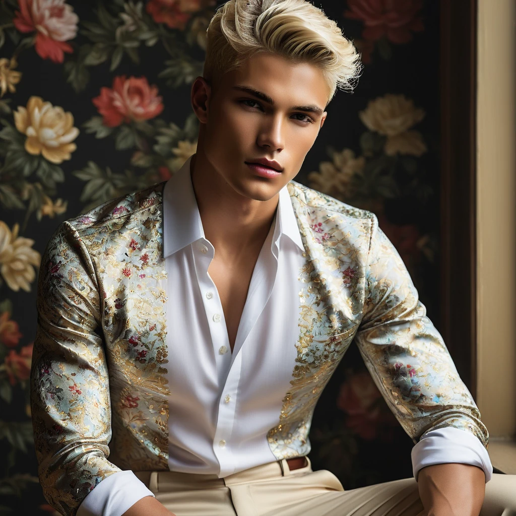 Candid Vogue fashion editorial shot of 2man mixed of male supermodel, 22 year old, short platinum blonde hair, masculine appearance with slender physique, symmetric face, natural olive skin tone, exudes youthfulness and athleticism, he is very photogenic, Position against an ornate dark background featuring a framed floral painting wallpaper to add depth and richness to the scene, (He wears a luxurious white and rainbow patterned shirt whit short pants), semi hard bulge, expression is serene and slightly introspective, with a soft confident gaze directed slightly off-camera, Utilize natural soft lighting streaming in from a window, casting gentle highlights and shadows that accentuate the contours of his face and the texture of his outfits, The light creates a warm intimate atmosphere with a golden tone that enhances his skin, The interplay of light and shadow adds depth and dimension to the scene, slightly blurred focus background, bringing into sharp clear detail while the rich tones of the background enhance the overall opulence of the image. Capture full-body short, dynamic angle, using a Canon EOS R7 and Sigma AF 85mm F1.4 EX DG HSM lens by Thomas Synnamon, Employ a shallow depth of field to focus on his face and body, Draw inspiration from high-fashion photographer, emphasize detail, texture and a sophisticated luxurious atmosphere, Emphasize the golden warm lighting and its effect on enhancing his features and the rich textures, creating a visually captivating and elegant portrait that exudes warmth and sophistication, The overall mood blend the classical elegance of the modern, high-fashion aesthetic, producing an image that feels both timeless and contemporary, raw photo, masterpiece, best quality, Correct body structure, Correct photo distance, LGBTQ,