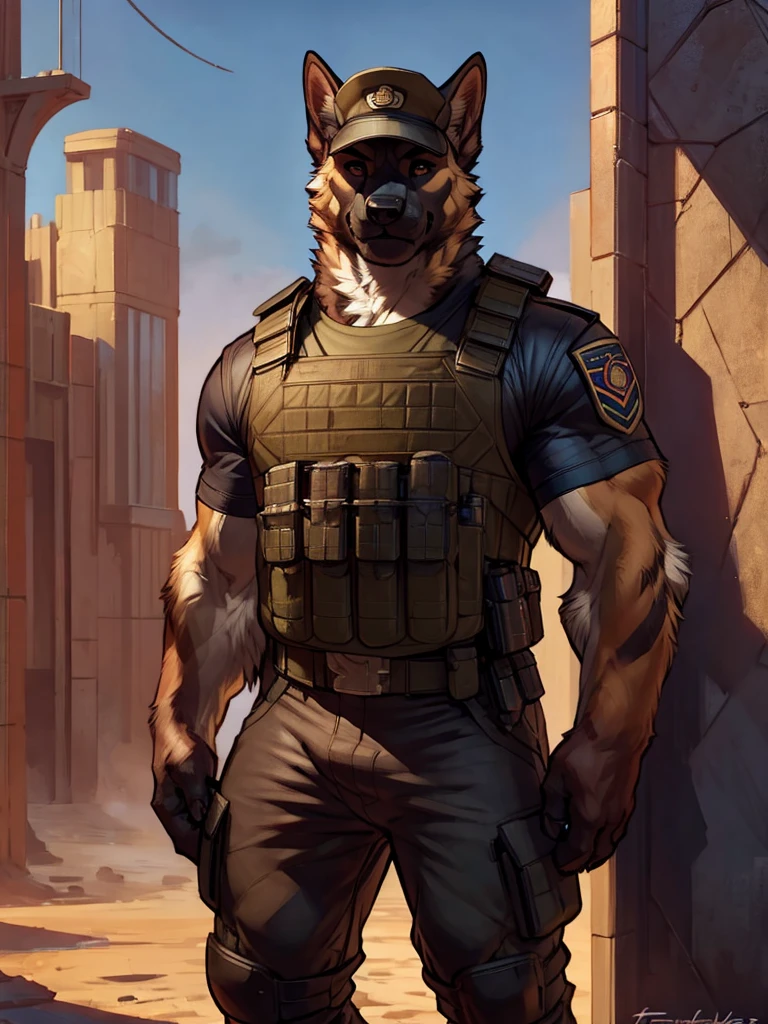 furry, anthro, black german shepherd:1.5, solo, average male, standing outside a prison:1.2, he is using a cap a bulletproof vest and his pants are military:1.4, super detailed, detailed face, best art, 8k, vibrant, by snowskau:0.4, by taran fiddler:1.8, by RedRusker:1.8, art stile, 3D, halfbody,