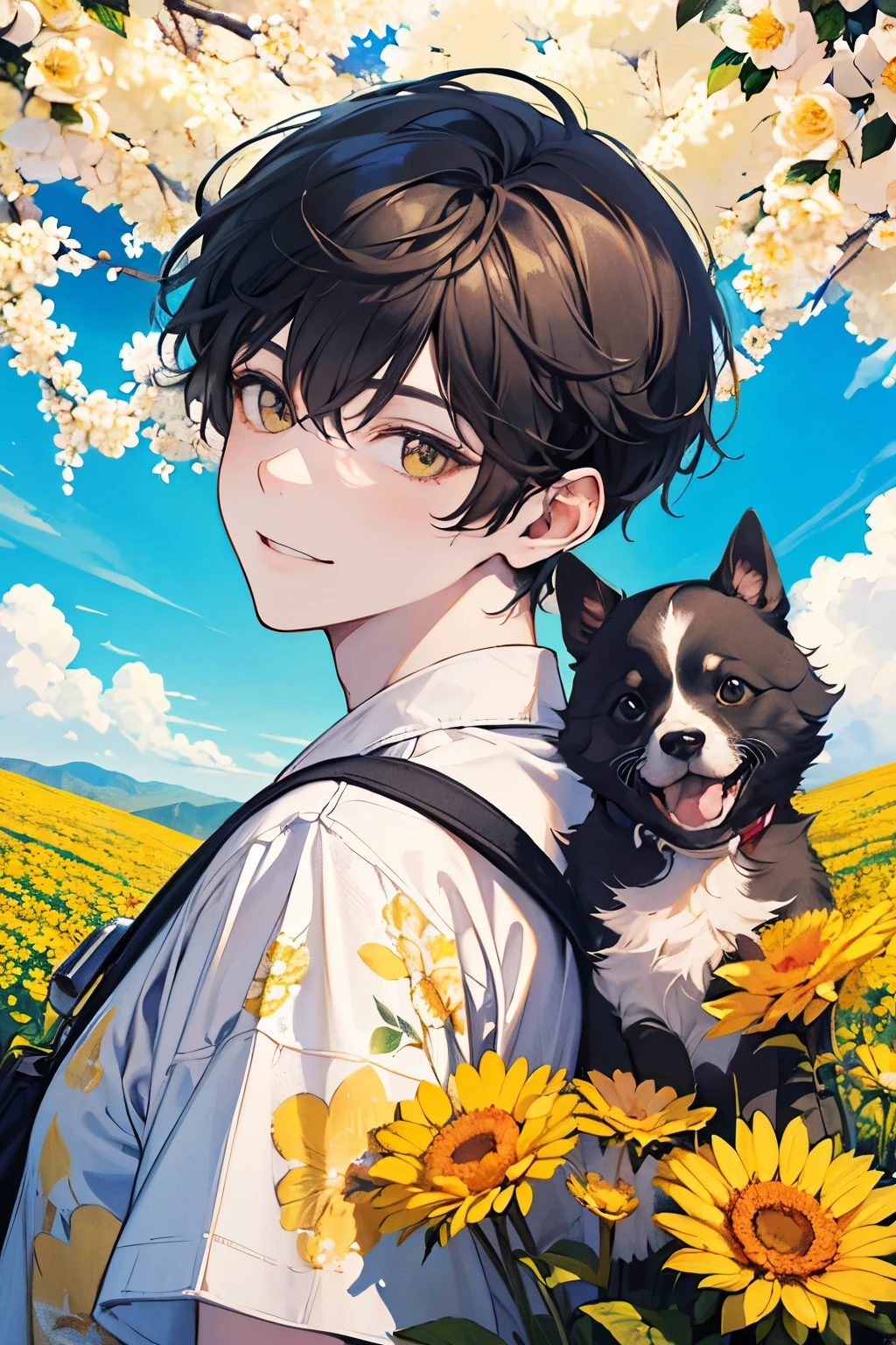 ((young men's:1.1)),(Oversized floral T-shirt:1.35),Prompt: An incredibly charming  carrying a backpack, accompanied by her adorable puppy, enjoying a lovely spring outing surrounded by beautiful yellow flowers and natural scenery. The illustration is in high definition at 4k resolution, with highly-detailed facial features and cartoon-style visuals,smile,(Gazing at each other:1.1).