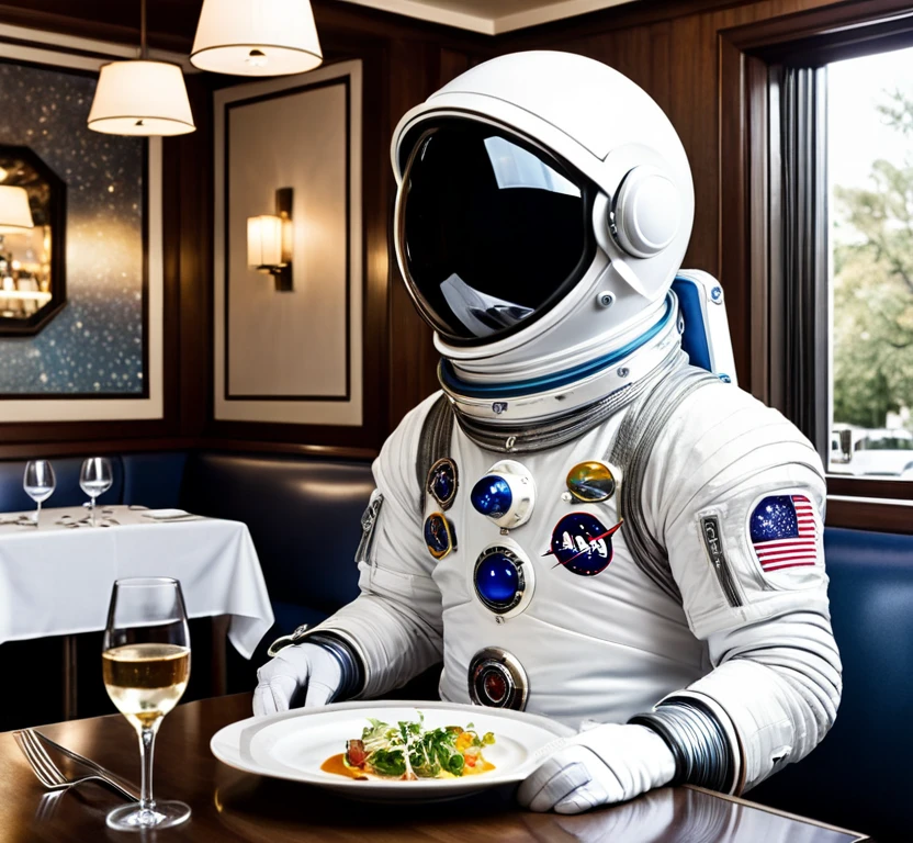 Raumfahrer in einem Restaurant, Vornehmes Speisen, einen Raumanzug tragen, schickes Restaurant, Astronautenessen