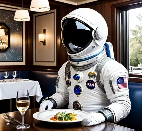 Spaceman at a restaurant, fine dining, wearing a space suit, posh restaurant, spaceman dining