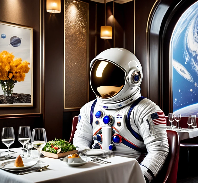 Spaceman at a restaurant, fine dining, wearing a space suit, posh restaurant, spaceman dining