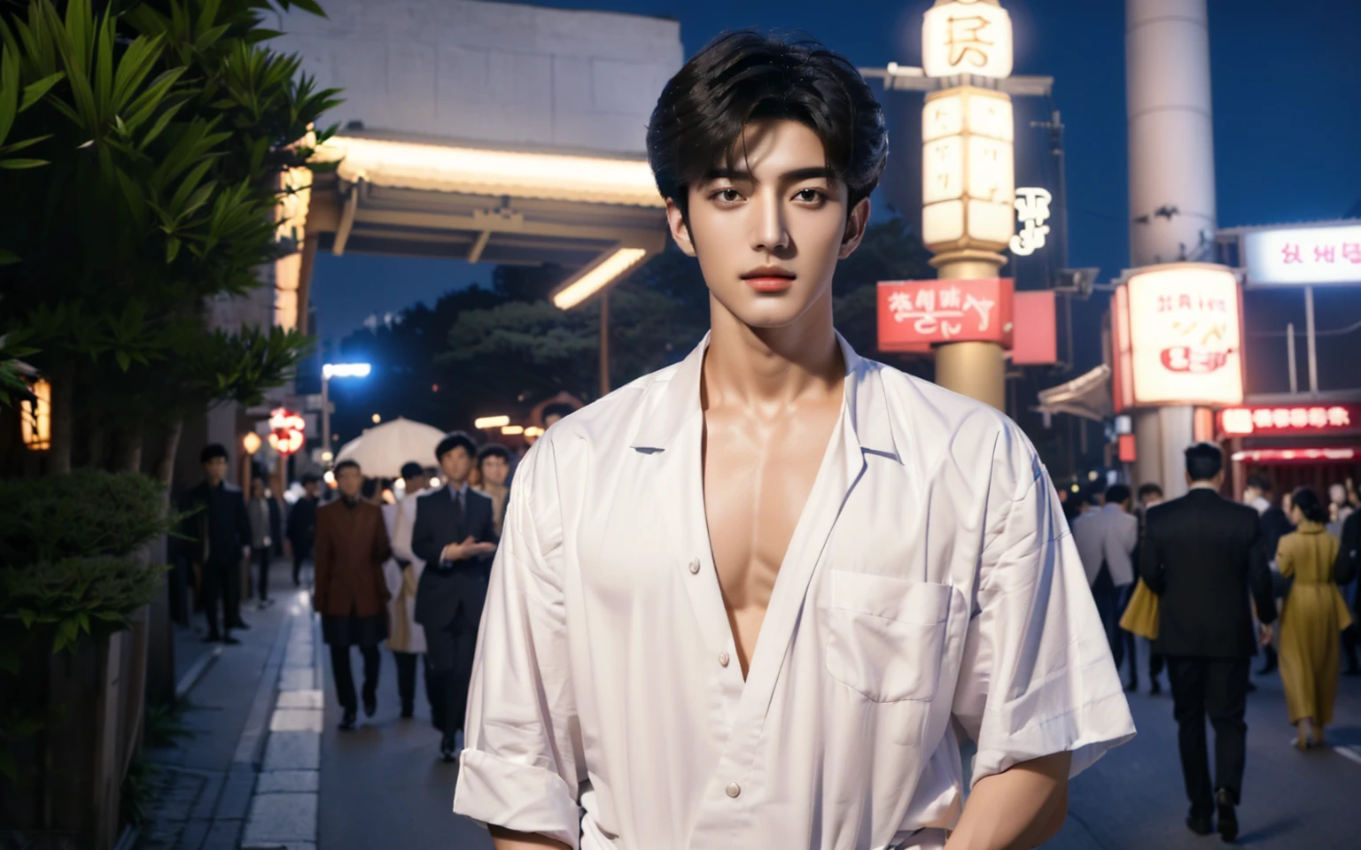 Alafid (Arafed) Asian man in white shirt standing on city sidewalk at night, Stills, Kim Do-young, Young fair angel, Live-action movie scenes, One in Ulza, Handsome Japanese demon boy, Korean male, Inspired by Zhang Han, Stills, yanjun chengt, Movie. Leng Jun, Shin Jin Hye