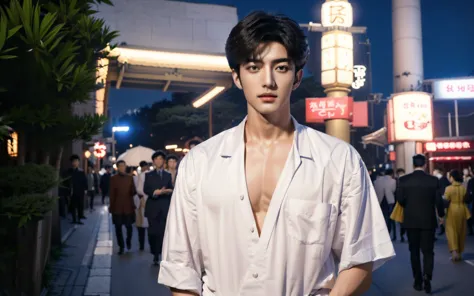 Alafid (Arafed) Asian man in white shirt standing on city sidewalk at night, 真人Stills, Kim Do-young, Young fair angel, Live-acti...