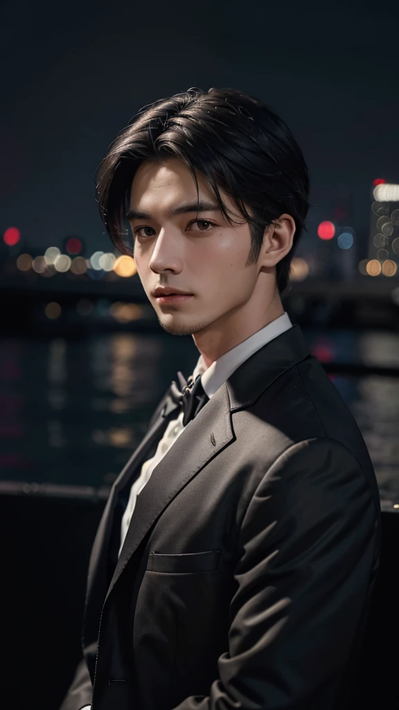 Highest quality, masterpiece, Ultra-high resolution, (Realistic:1.4), RAW Photos, Young and handsome men, Black Hair, (Night city background:1.2)