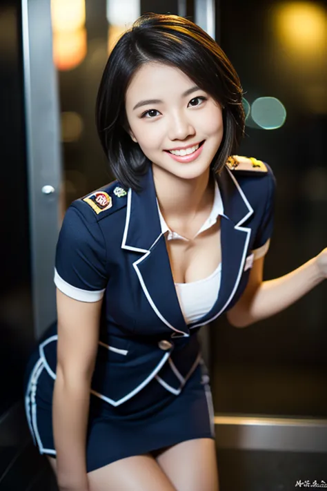 (a gorgeous lady, age 21, flight attendant uniform, shenzhen airlines stewardess, wet white shirt, wet red mini-skirt, kneeling ...