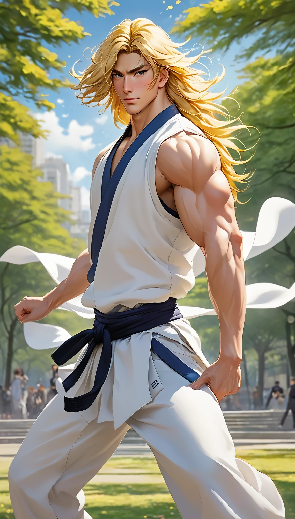 Character anime man standing in the park: At the heart of a calm, white-based environment、A lively young cartoon man standing in an impressive pose、Its strength radiates through the lines and contours of its muscular form.。Long golden hair fluttering in the wind、It frames a square jaw and high cheekbones.。The design sketch、Alluding to the intricate details of his original characters、It emphasizes random poses that evoke a sense of fluidity and strength.。 Dressed in a costume that combines the aesthetics of modern martial artists and parkour enthusiasts