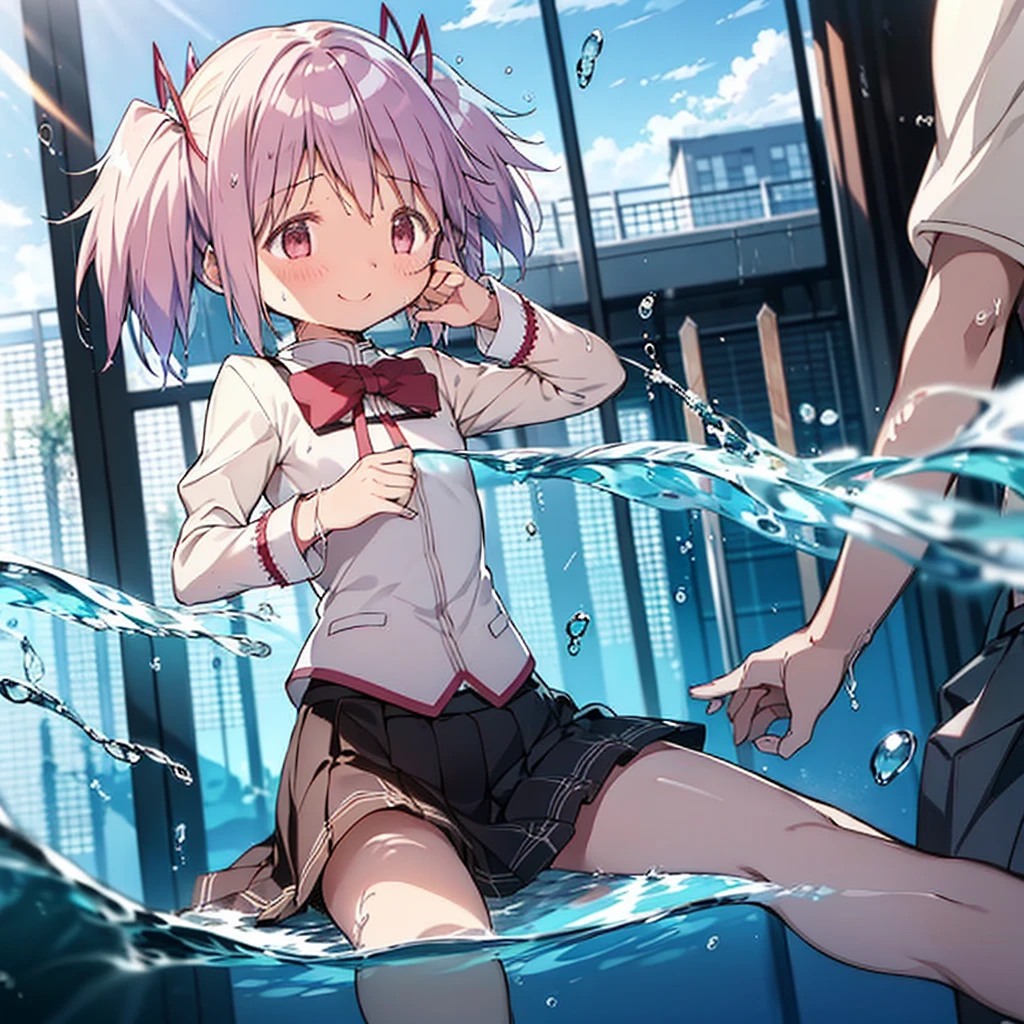 1 Girl、blush, smile, White panties, Madoka, Black Skirt, Short Twin Tails, Pink Hair, ((Flat Chest, thin)), thin脚, View your viewers, whole body, break indoors, Raise your hand、Lift your legs、School swimming pool, summer、(Lots of water)、Wet、((((Skirt gets pulled))))、((In the water))、(((Transparent pool))), Water Play、break (masterpiece:1.2), Highest quality, High resolution, unity 8k wallpaper, (shape:0.8), Highly detailed face, Perfect lighting, Extremely detailed CG、bubble、(White underwear)、(full skirt)、cute、blush、Watery eye