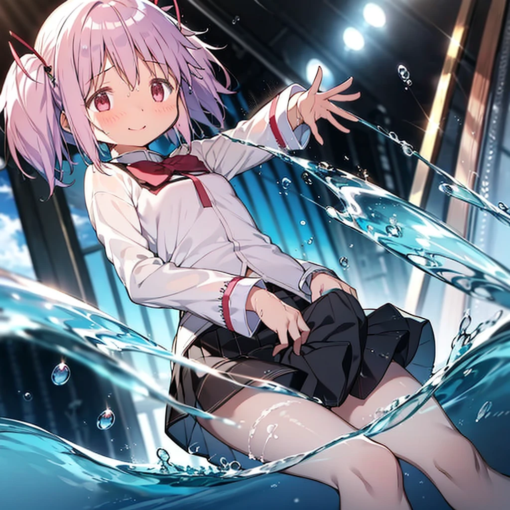 1 Girl、blush, smile, White panties, Madoka, Black Skirt, Short Twin Tails, Pink Hair, ((Flat Chest, thin)), thin脚, View your viewers, whole body, break indoors, Raise your hand、Lift your legs、School swimming pool, summer、(Lots of water)、Wet、((((Skirt gets pulled))))、((In the water))、(((Transparent pool))), Water Play、break (masterpiece:1.2), Highest quality, High resolution, unity 8k wallpaper, (shape:0.8), Highly detailed face, Perfect lighting, Extremely detailed CG、bubble、(White underwear)、(full skirt)、cute、blush、Watery eye