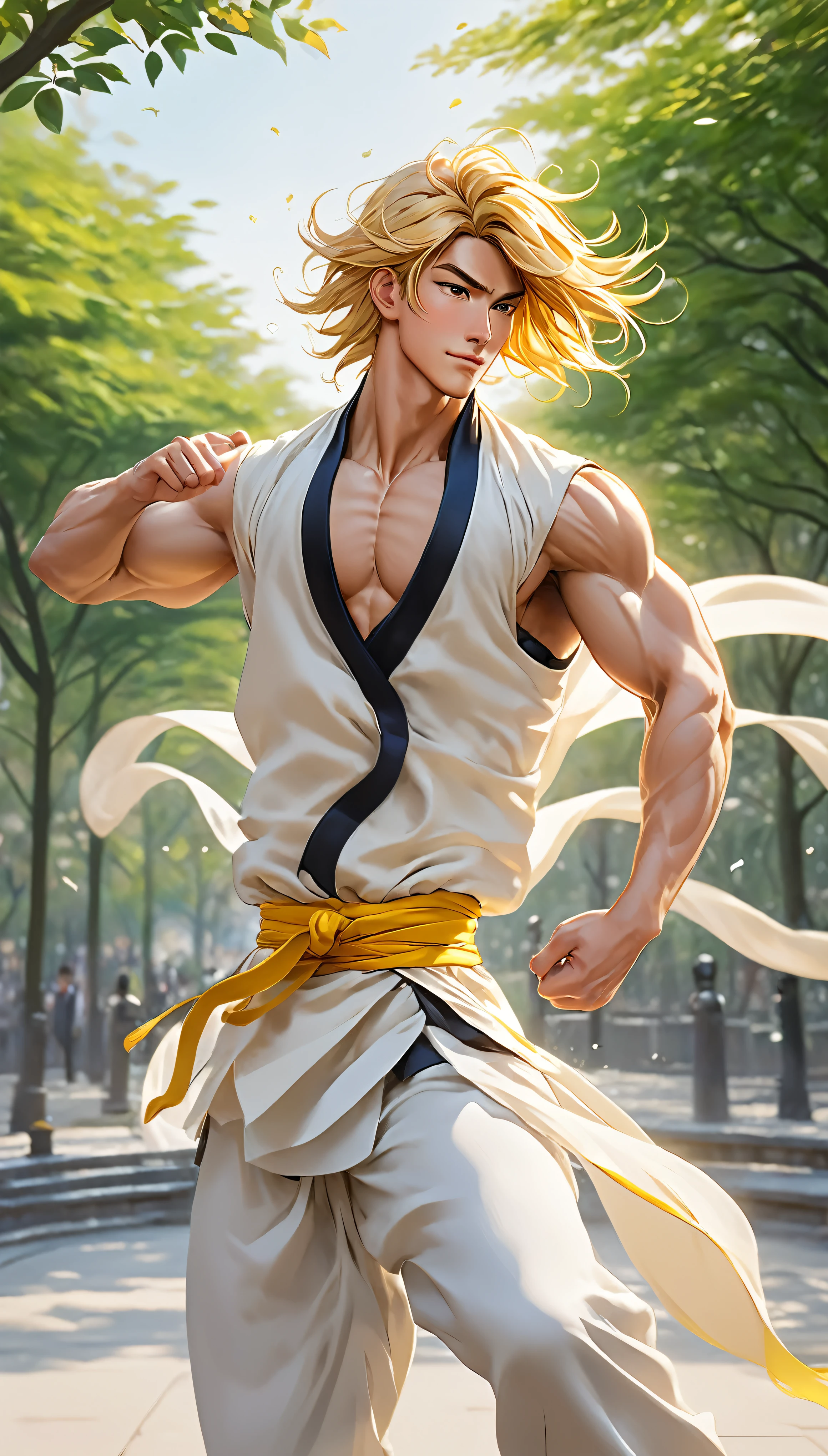 Character anime man standing in the park: At the heart of a calm, white-based environment、A lively young cartoon man standing in an impressive pose、Its strength radiates through the lines and contours of its muscular form.。Long golden hair fluttering in the wind、It frames a square jaw and high cheekbones.。The design sketch、Alluding to the intricate details of his original characters、It emphasizes random poses that evoke a sense of fluidity and strength.。 Dressed in a costume that combines the aesthetics of modern martial artists and parkour enthusiasts