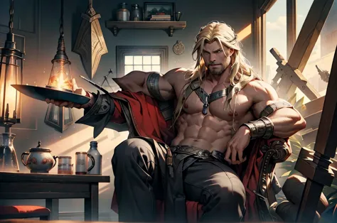 16 k,  and cinematic style portraying thor in a humorous and relaxed way. depict thor sitting in an armchair with spreadlegs, vi...