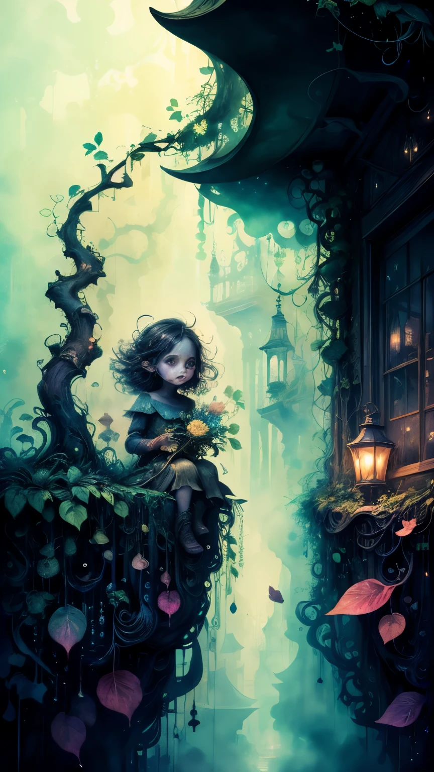 watercolor art,(small) Human-like creatures, (Hold it firmly) bouquet, watercolor, Dark Grainy, street, Fantasy, (Highest quality, 4K, High resolution, masterpiece:1.2), Super detailed, (Realistic:1.37), Vibrant colors, (Moody lighting), (Magical atmosphere), (Cobblestone Street), (Mysterious Shadow), (Fantastic architecture), (Captivating Environment), (Whimsical elements), (A misty aura), (Intricate details), (Expressive face), (Unique character designs), (green々Leaf), (Overgrown vines), (Mysterious glow), (Fallen petals), (Light and dark contrast), (Enchanting atmosphere), (Heartwarming scene), (Playful energy), (Curiosity and wonder), (Floral texture), (Impressionist brushwork), (Dreamy charm), (Mystical Feelings), (shortage々A cool urban atmosphere), (Imagination), (Dramatic composition), (Expressive lines), (Exquisite colors)