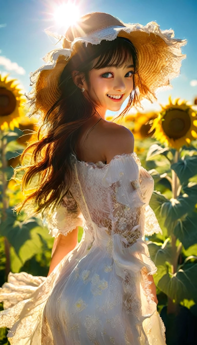 fuwa aika,1人の女の子,一人で, (白いレースのドレス:1.2),ゆったりとしたドレス (サンバイザー帽子:1.2), ひまわり畑, 太陽の光の下で, 軽い笑顔,視聴者を見る, 風, 動的, 強い光と影,動的 pose,