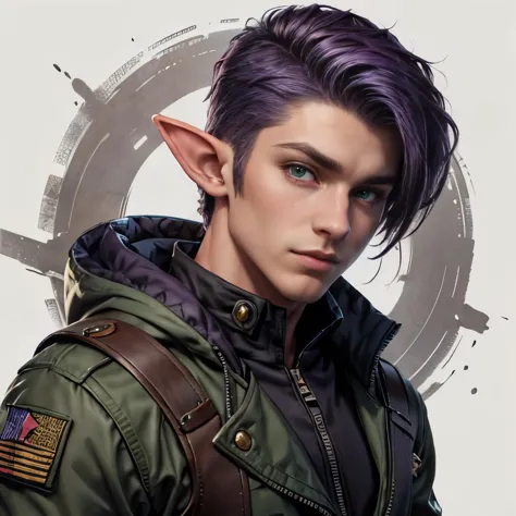 (masterpiece), best quality, high quality, (1male), adult male elf, pointy ears, handsome, (purple hair), medium-short hair, gre...