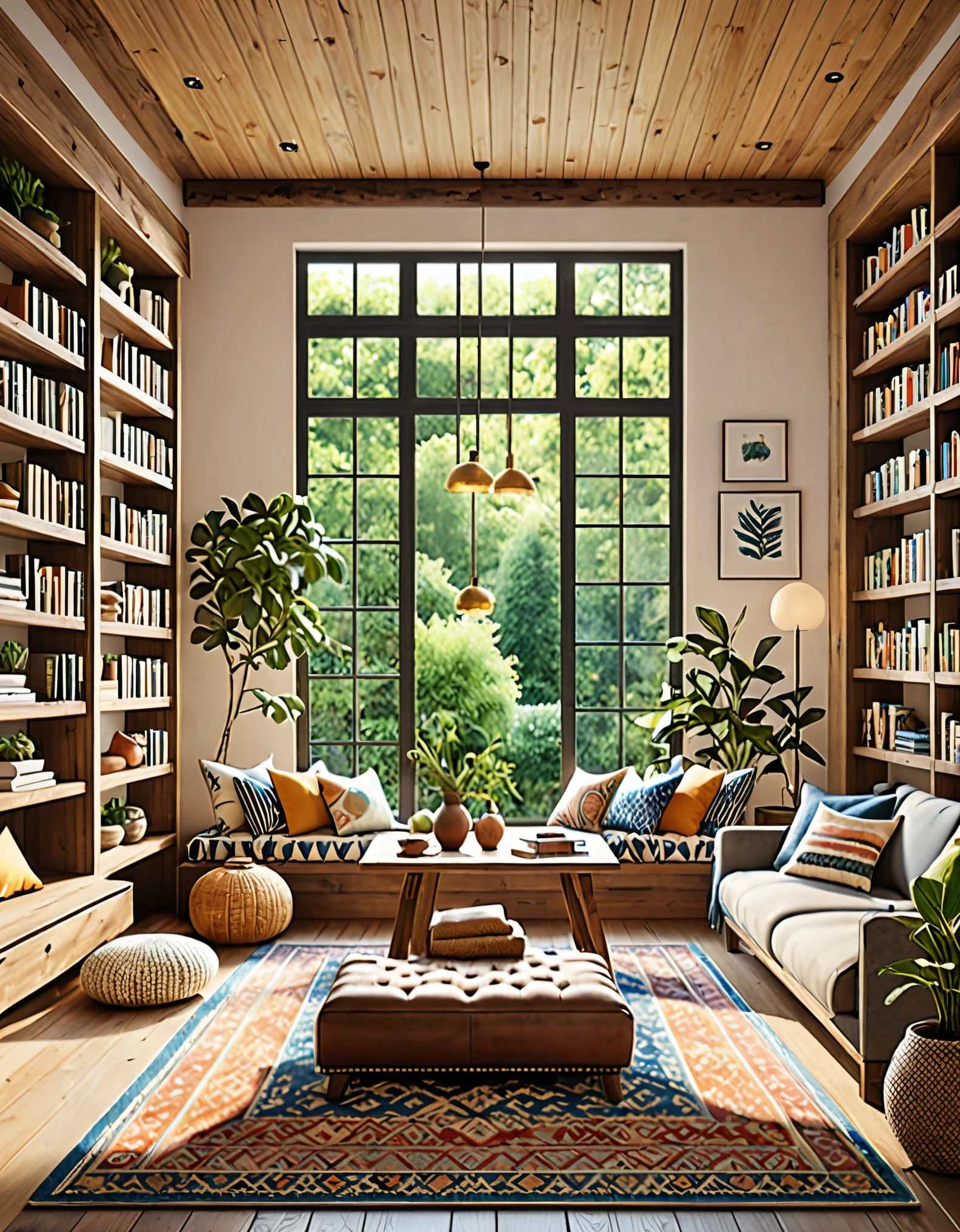 Create a hyper-realistic image of a cozy, sunlit room with a low wooden table and floor cushions. The room should have a large window letting in natural light, illuminating the space. Include elements such as potted plants, a patterned rug, and bookshelves filled with books and small decorative items. The window should offer a view of a lush garden outside. Use warm, inviting colors and soft lighting to enhance the cozy atmosphere. The overall scene should be serene and welcoming, capturing the essence of a peaceful and comfortable living space