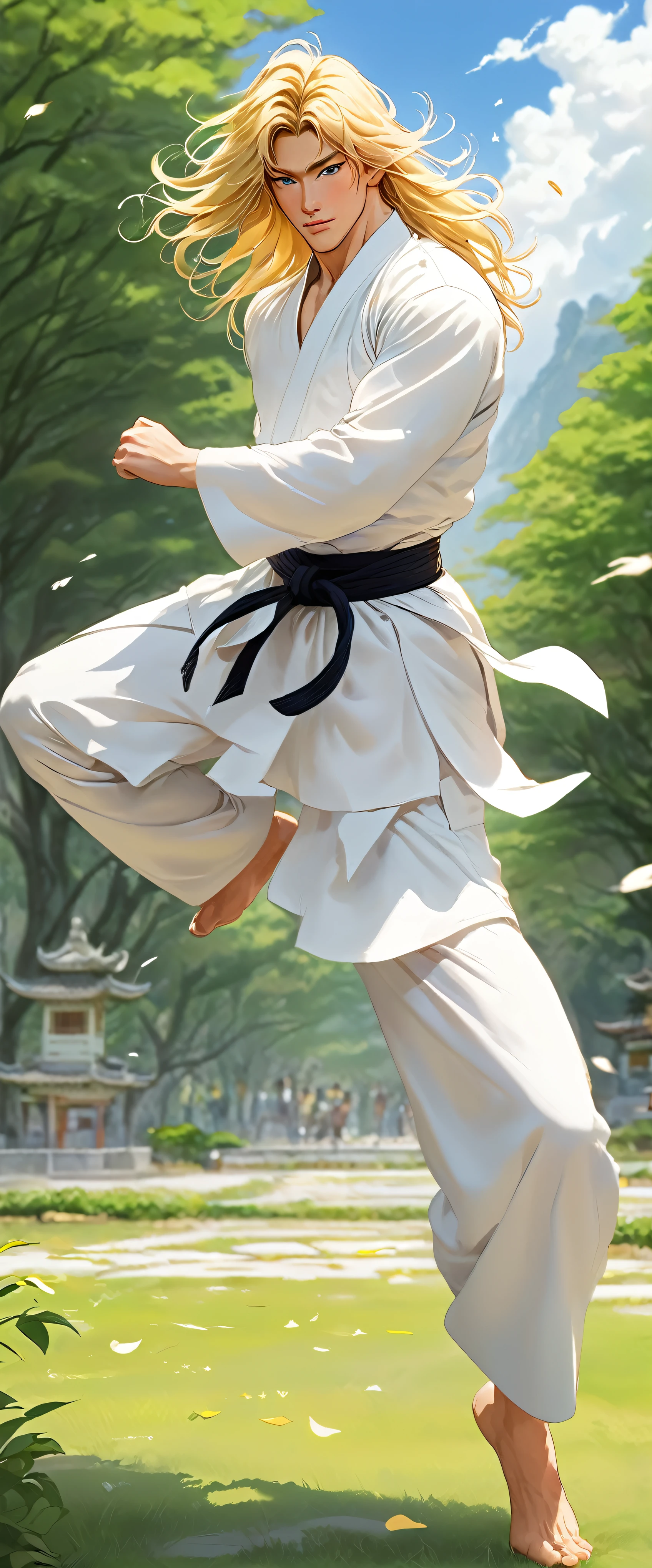 Personagem de anime homem parado em um parque na natureza: No coração de uma calma, ambiente baseado em branco、Um jovem animado homem de desenho animado em uma pose impressionante、Sua força irradia através das linhas e contornos de sua forma muscular.。Longos cabelos dourados esvoaçando ao vento、Emoldura um maxilar quadrado e maçãs do rosto altas.。O esboço do design、Aludindo aos detalhes intrincados de seus personagens originais、Enfatiza poses aleatórias que evocam uma sensação de fluidez e força.。 Vestido com um traje que combina a estética dos artistas marciais modernos e entusiastas do parkour。Com um cenário natural deslumbrante