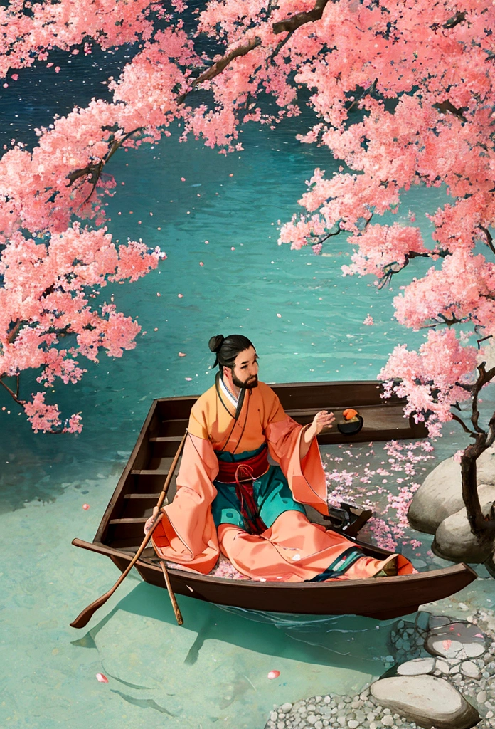 A fisherman from the Jin Dynasty gently rowed a small wooden boat along a creek when a dense, low-hanging peach blossom forest appeared before him. Peach branches extended over the creek, and the forest stretched along both banks for hundreds of meters. The grass beneath the trees was dotted with colorful wildflowers. Peach blossom petals fell like rain, dancing in the air and settling on the ground and in the creek. There were no buildings in sight. The scene was dominated by peach blossoms, with 80% of the view filled with their bright and cheerful hues.