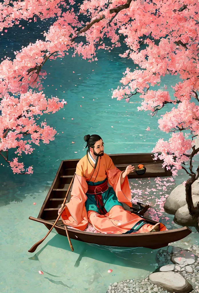 A fisherman from the Jin Dynasty gently rowed a small wooden boat along a creek when a dense, low-hanging peach blossom forest a...