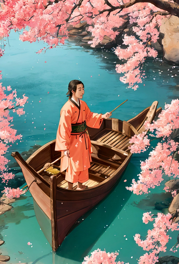 A fisherman from the Jin Dynasty gently rowed a small wooden boat along a creek when a dense, low-hanging peach blossom forest appeared before him. Peach branches extended over the creek, and the forest stretched along both banks for hundreds of meters. The grass beneath the trees was dotted with colorful wildflowers. Peach blossom petals fell like rain, dancing in the air and settling on the ground and in the creek. There were no buildings in sight. The scene was dominated by peach blossoms, with 80% of the view filled with their bright and cheerful hues.