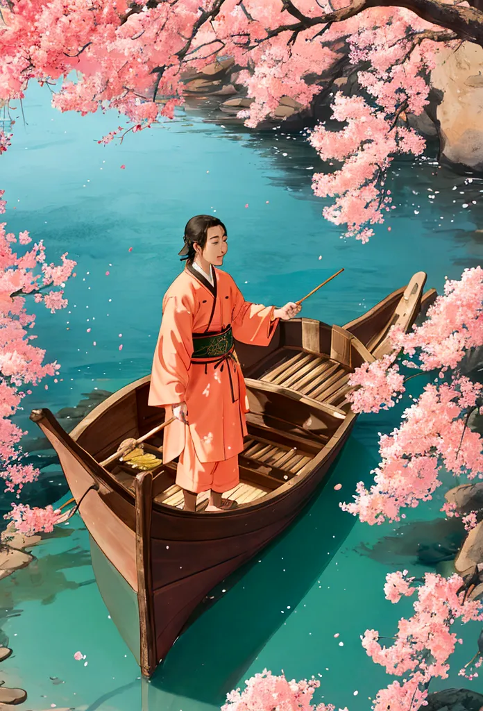 A fisherman from the Jin Dynasty gently rowed a small wooden boat along a creek when a dense, low-hanging peach blossom forest a...