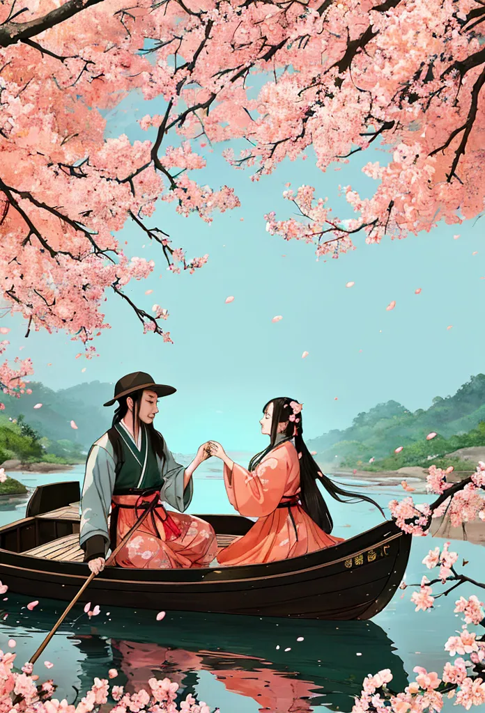 A fisherman from the Jin Dynasty gently rowed a small wooden boat along a creek when a dense, low-hanging peach blossom forest a...