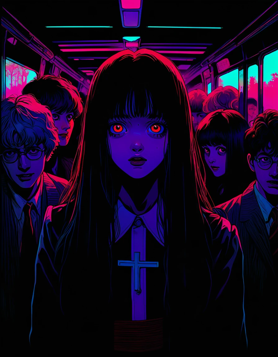 illust、art、from 80s horror movie, directed by Junji Ito、exorcist、high detail, realsitic shadow、Analog style, vhs style, 8mm film, chromatic aberration, Dvd screengrab、Complementary color gradient