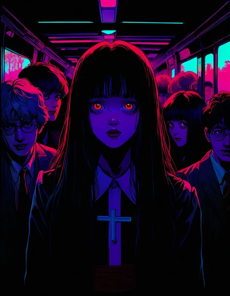 illust、art、from 80s horror movie, directed by Junji Ito、exorcist、high detail, realsitic shadow、Analog style, vhs style, 8mm film...