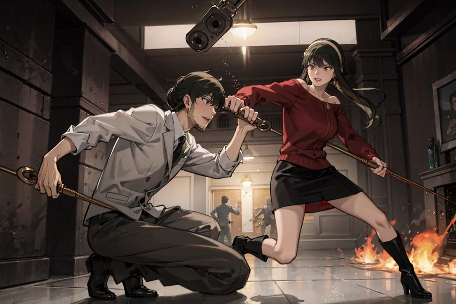 Action pose, Battle Scenes:1.5, (Yor Forger), Red eyes, Black Skirt, red off shoulder sweater, (Big Breasts), morning, ((Fighting a brown-haired man in a suit)), morningのエーゲ海の町並み, Wearing boots, Angry expression,:1.5 Attack Speed, Fast Attack, Angry expression, Angry face
