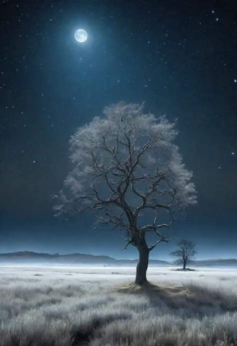 A tranquil and mysterious night scene. A bare tree stands tall in the middle of a desolate field, illuminated by the silver ligh...
