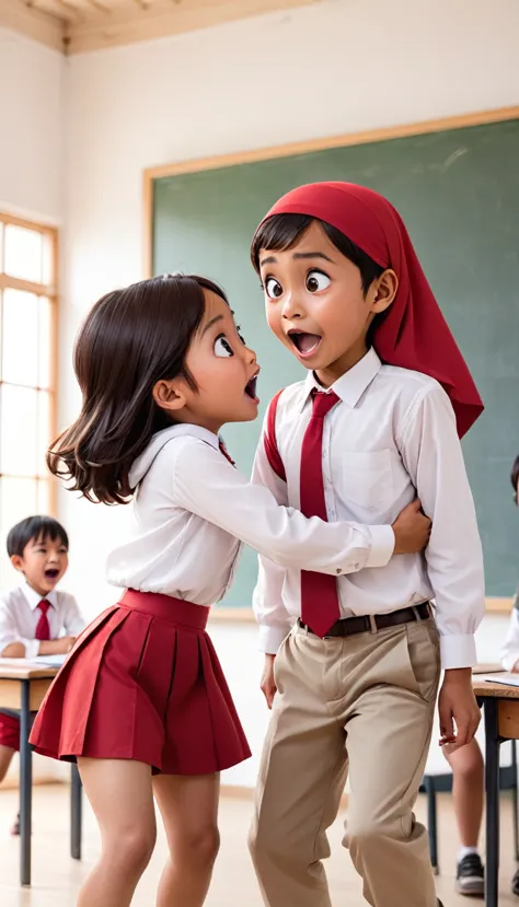 3d image of an Indonesian boy wearing a white shirt, red tie and red shorts who is trying to protect himself by puffing out his ...