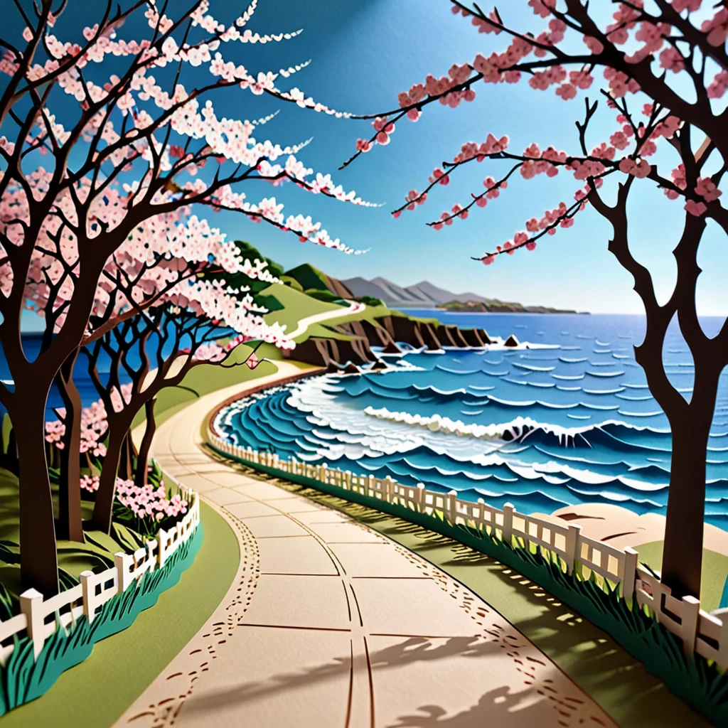 Create a detailed paper cutout artwork depicting a seaside road lined with cherry blossom trees in full bloom. The scene should include gentle waves lapping against the shore, a path meandering along the coast, and cherry blossoms falling gracefully onto the path. The background should show a serene sea with a clear blue sky, capturing the tranquility and beauty of the coastal scenery.