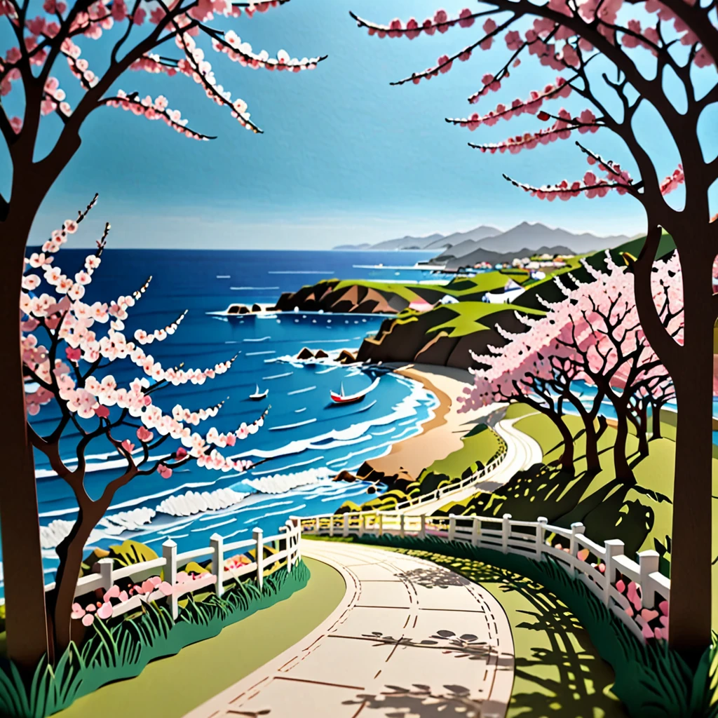 Create a detailed paper cutout artwork depicting a seaside road lined with cherry blossom trees in full bloom. The scene should include gentle waves lapping against the shore, a path meandering along the coast, and cherry blossoms falling gracefully onto the path. The background should show a serene sea with a clear blue sky, capturing the tranquility and beauty of the coastal scenery.