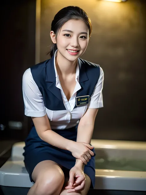 (a gorgeous lady, age 21, flight attendant uniform, shenzhen airlines stewardess, wet white shirt, wet red mini-skirt, kneeling ...