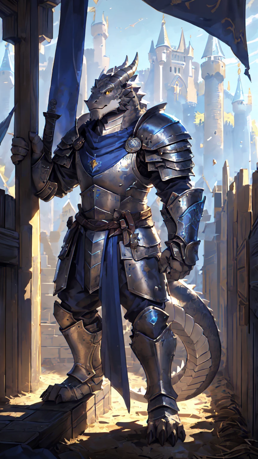 ((middle Ages:1.6，Castle Background:1.5))，((Crusu:1.6))，Sunlight，high resolution，4K，gay，(((whole body:1.1)))，(Fighting Stance:1.3)，masterpiece，high quality，Calm and calm，((dragon))，male，dragonFurry，(teenager:1.3)，hairy，((Stable，Handsome face:1.4))，((peaceful))，((Holding a long sword:1.3))，(((strong:1.4，Long legs:1.3，粗壮dragon尾:1.2)))，(((Gray head:1.2，Golden pupils:1.2，White neck:1.3，Gray back of hand:1.4，White muscles:1.3)))，(((White Armor:1.3，Armor has a blue banner:1.4)))，Mature face，Exquisite eyes，Detailed body，Detailed hands，Detailed feet，Kenket&#39;s style