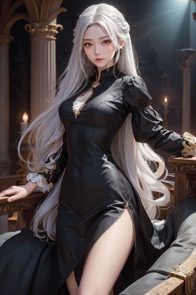 ((masterpiece:1.5,Highest quality,Highly detailed images,Beautiful images、Realistic、Photorealistic、2.5D))(1girl, 独奏)(medium breasts, white hair, black eyes, Healthy legs、Tight ass、Beautiful cleavage)(Fantasy dresses、Fantasy Clothes、Black battle dress、Deep slit)(wind, floating hair)(Inside the castle、Audience Chamber）
