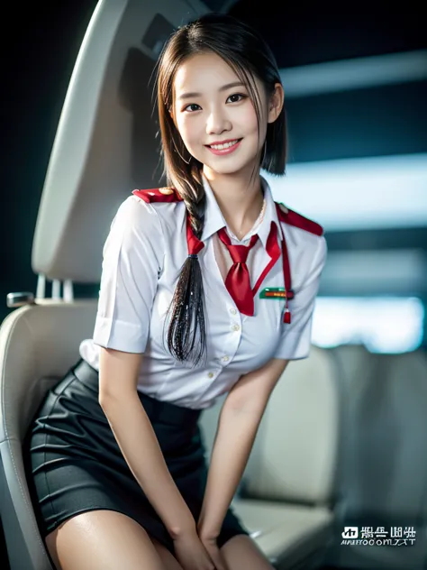 (a gorgeous lady, age 21, flight attendant uniform, shenzhen airlines stewardess, wet white shirt, wet red mini-skirt, kneeling ...