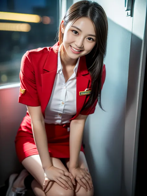 (a gorgeous lady, age 21, flight attendant uniform, shenzhen airlines stewardess, wet white shirt, wet red mini-skirt, kneeling ...